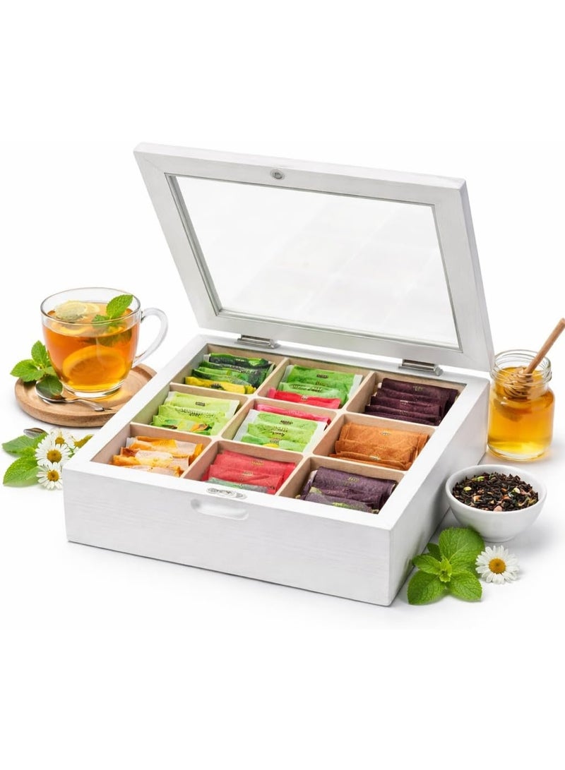 منظم صندوق شاي خشبي، علبة تخزين بـ 9 أقسام، حامل أكياس شاي، سعة كبيرة، فرز وعرض المشروبات، للاستخدام المنزلي على سطح الطاولة أو الخزانة، حل تصميم أنيق وعملي (أبيض) - Image 3